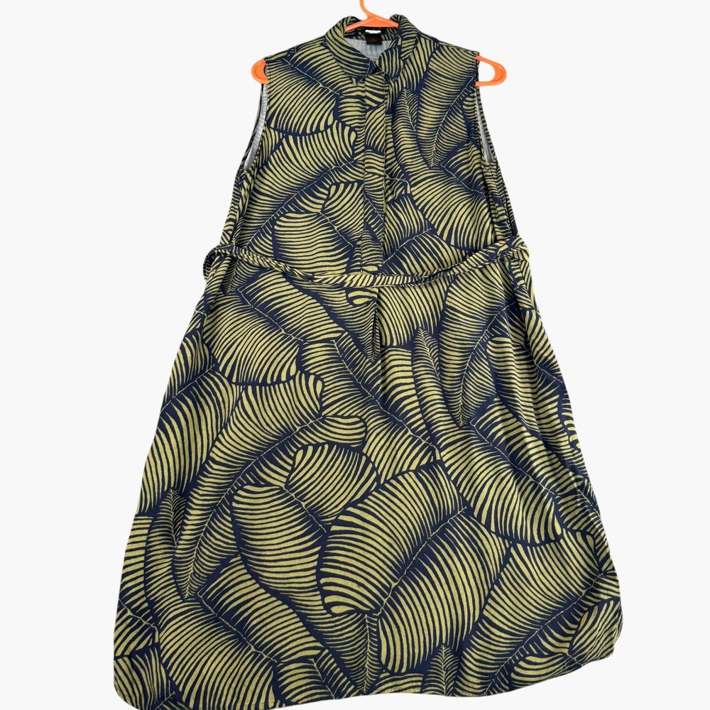Ann Taylor Factory Palm Leaf Print Sleeveless Shirt Dress Navy Olive Small